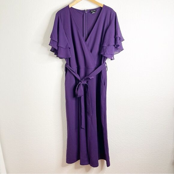 City Chic Jumpsuit Purple Tie Waist Flutter Sleeve Size 18 - Picture 2 of 6